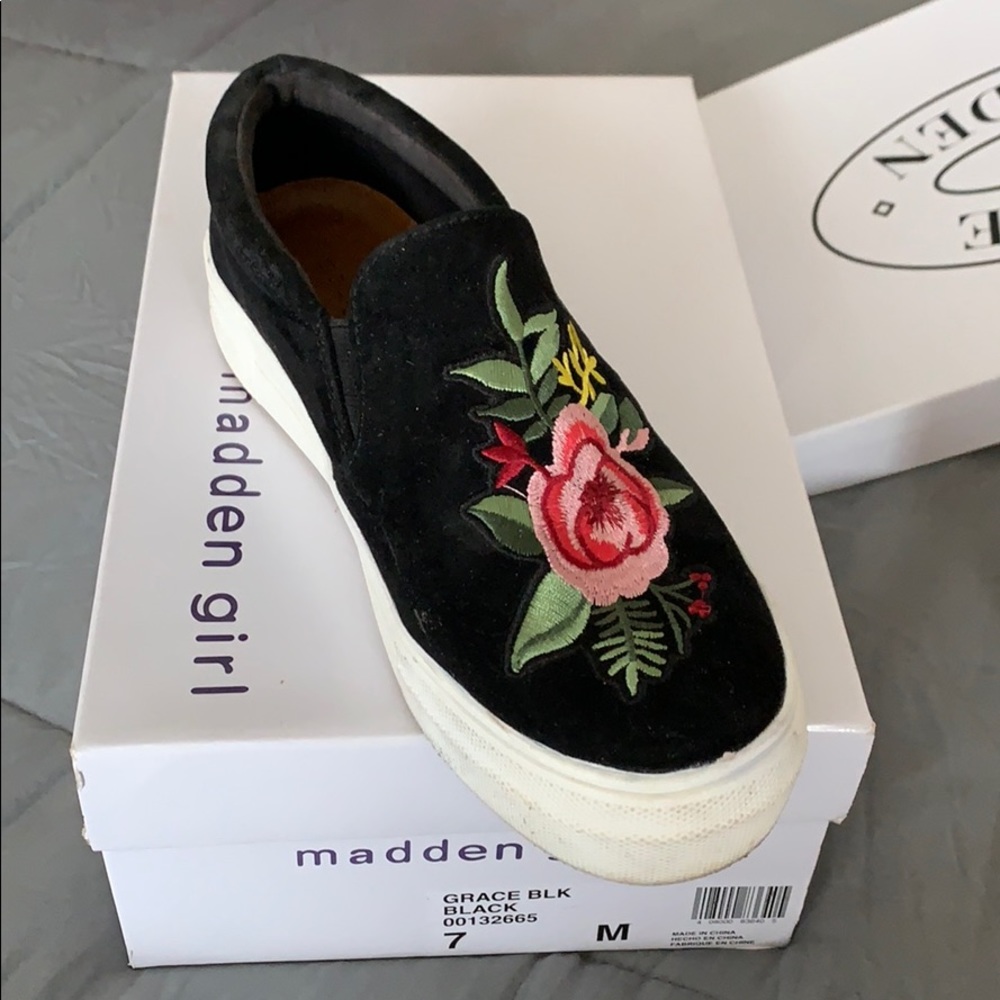 Madden Girl floral black slip ons